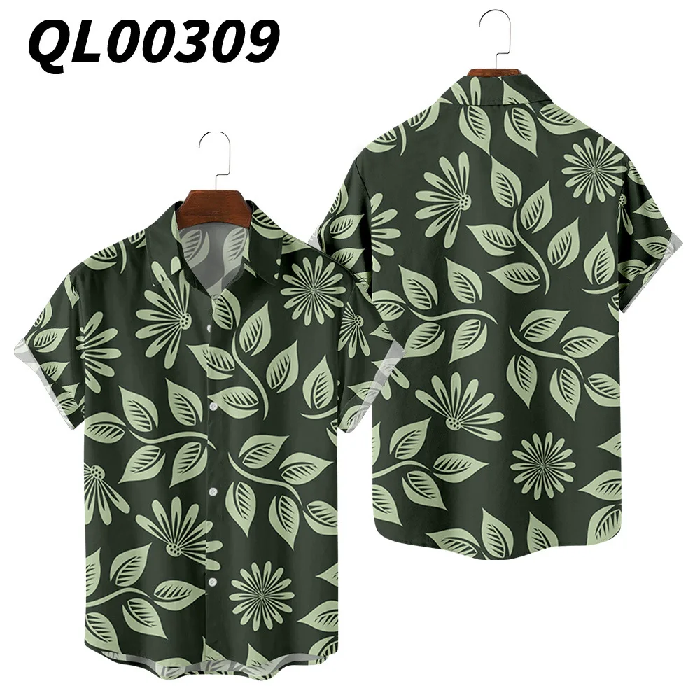 

Summer Men Hawaiian Short Sleeve Green Leaves Printed Shirts And Shorts Set Casual Beach Holiday Harajuku Shirts