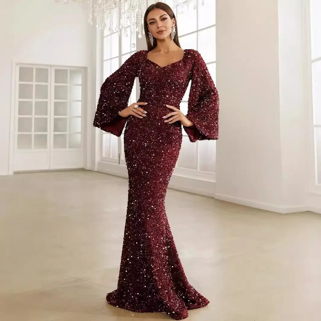 فستان سهرة طويل عصري جديد لعام 2025 مزين بحجر الرا...