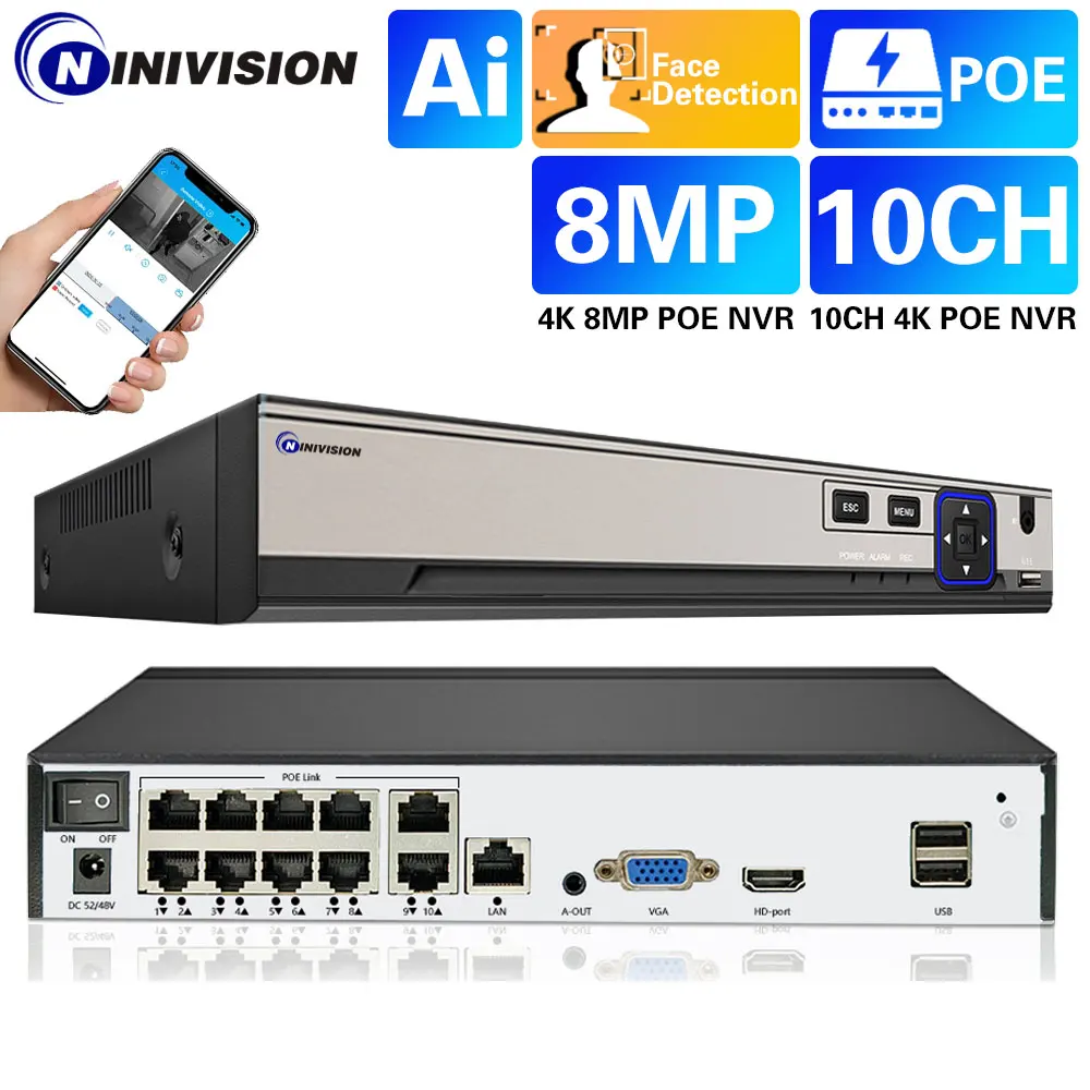 

10Ch POE NVR H.265 Xmeye 4K 10-канальный видеорегистратор с обнаружением лица аудиовыход Onvif P2P для POE 8MP 5MP IP-камеры видеонаблюдения