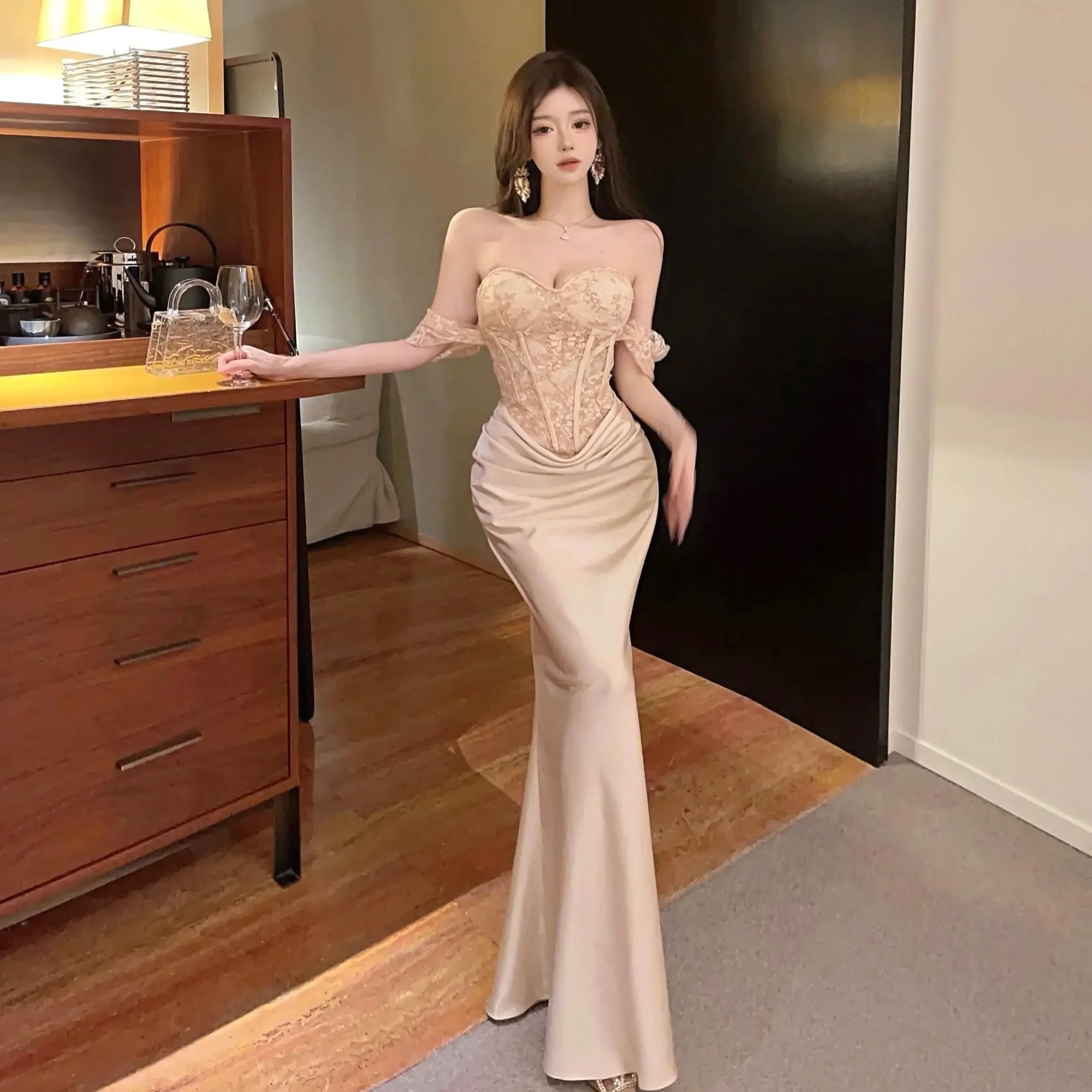 Black Luxury Elegant Birthday Evening Party Dress Women New Slim Pleated Sexy Strapless Backless Robe Vintage Long Dresses 2025