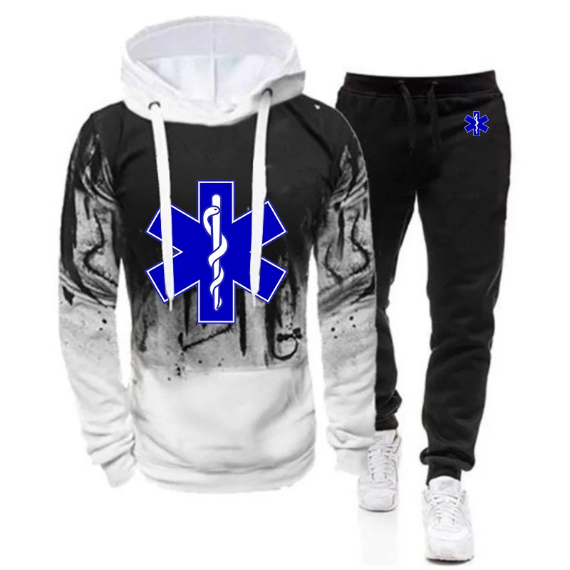 

EMT Emergency Ambulance 2021 Men's New Spring Autumn Hoodies + Pants Two Pieces Gradient Hoodies Casual Sweatpants Jackets Suits