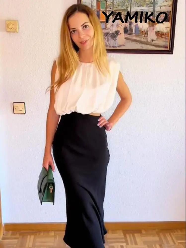 

Cut Out Spliced Long Dresses For Women Round Neck Sleeveless Ruched Zipper Satin Midi Vestidos Female Casual Elegant Lady Dress