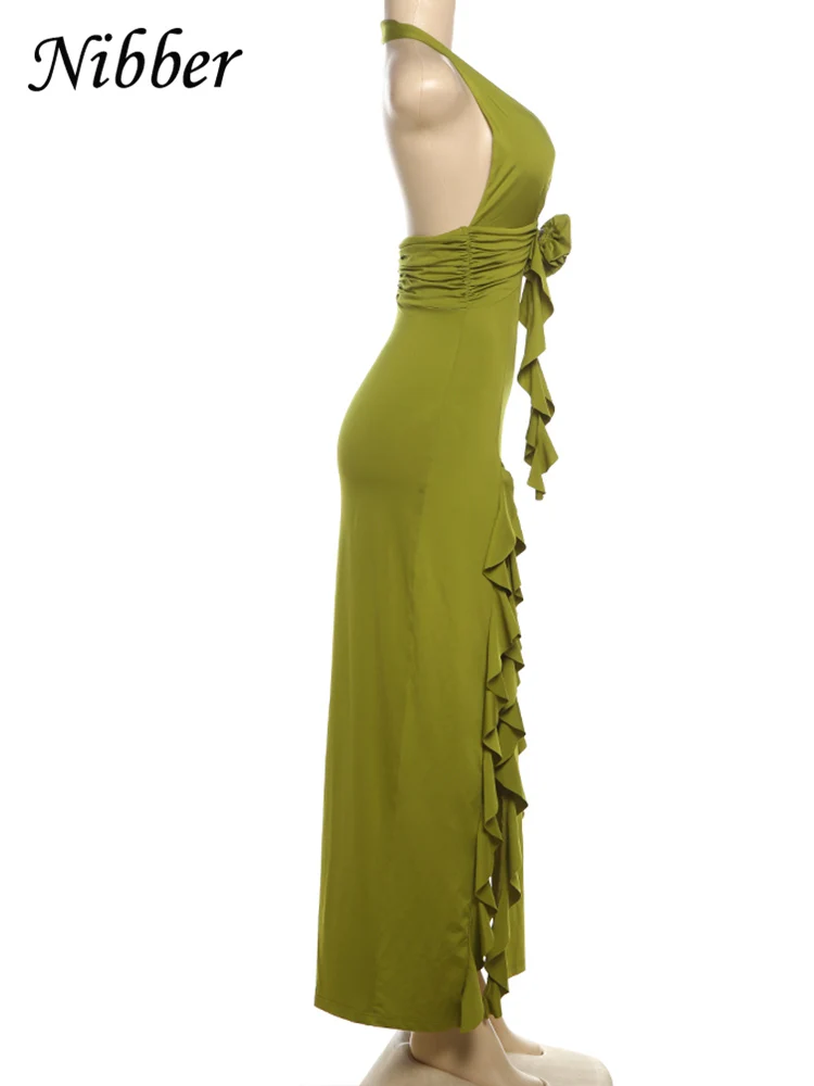 Nibber Appliques Tassel Dress Women Y2K Halter Backless Split Sexy Ruched Elegant Summer Back Ruched Beach Holiday Maxi Bodycon 6