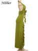 Nibber Appliques Tassel Dress Women Y2K Halter Backless Split Sexy Ruched Elegant Summer Back Ruched Beach Holiday Maxi Bodycon 6