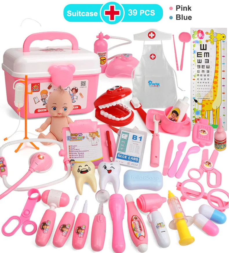 Conjunto de juguetes médicos para niños, kit de maletas para bebé, Cosplay, dentista, simulación de medicina, caja con muñeca, disfraz, estetoscopio, regalo -