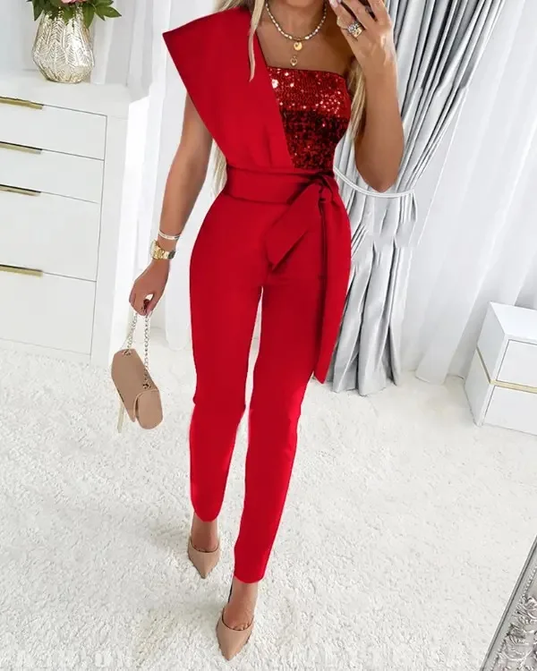 

Autumn Sexy One Shoulder Lace Up Straight Romper New High Waist Office Lady Playsuits Fashion Sequin Patchwork Party Jumpsuits