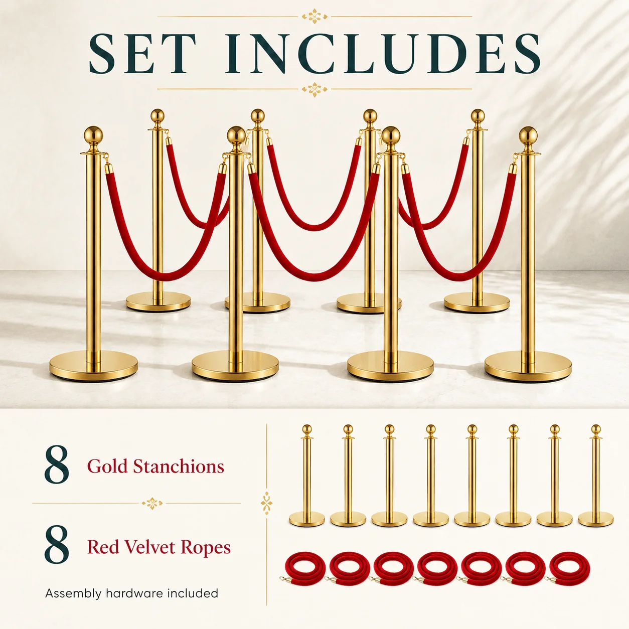 4/8Pcs Gold Stanchion Posts with Velvet Ropes, Stainless Steel Crowd Control Barrier Set, 96cm Queue Poles with Fillable Bases for Red Carpet Wedding Exhibition Events
