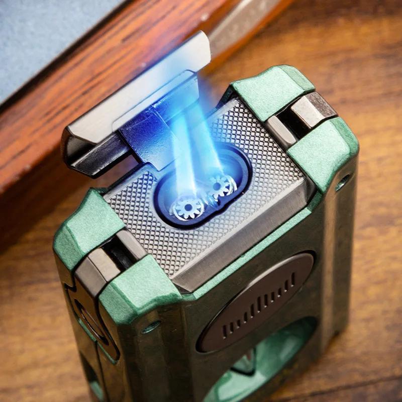 Multifunction Lighter Windproof 2 Jet Flame Lighter Built In Cigar Puncher Cutter V Shaped Scissor Cigar Needle Holder