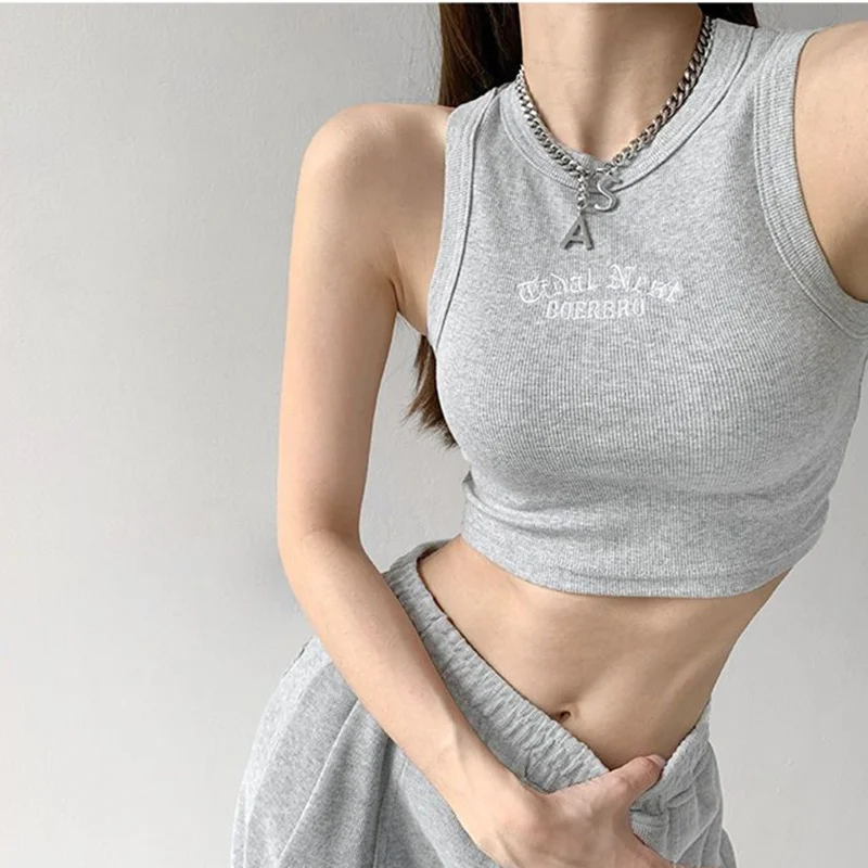 Women's Tank Top Ribbed Knitted Embroidery Letter Vest Female Summer Clothing Crop top White Black Casual Short Tight Sport Tops images - 6