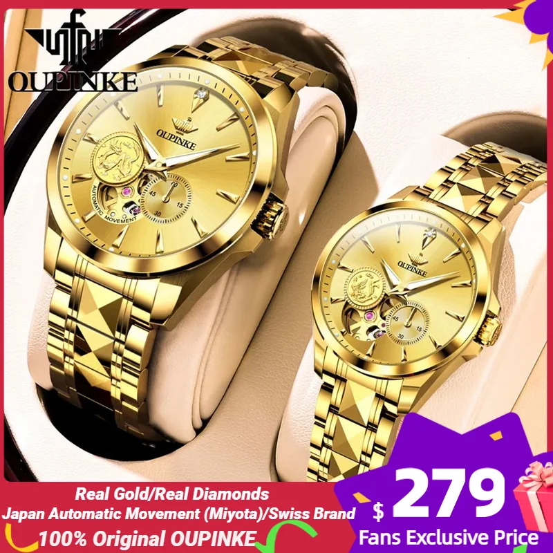 

OUPINKE Real Gold Real Diamonds Automatic Watch for Men Women Luxury Couple Watch Sets Swiss Brand His or Hers Watch for Lover