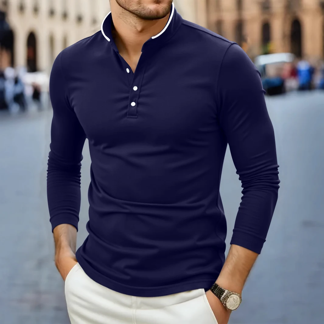 2025 Neues Herren Casual und Modisches Einfarbiges Langarm-T-Shirt mit Stehkragen Sommer Vielseitiges und Bequemes Oberteil – Detail 3