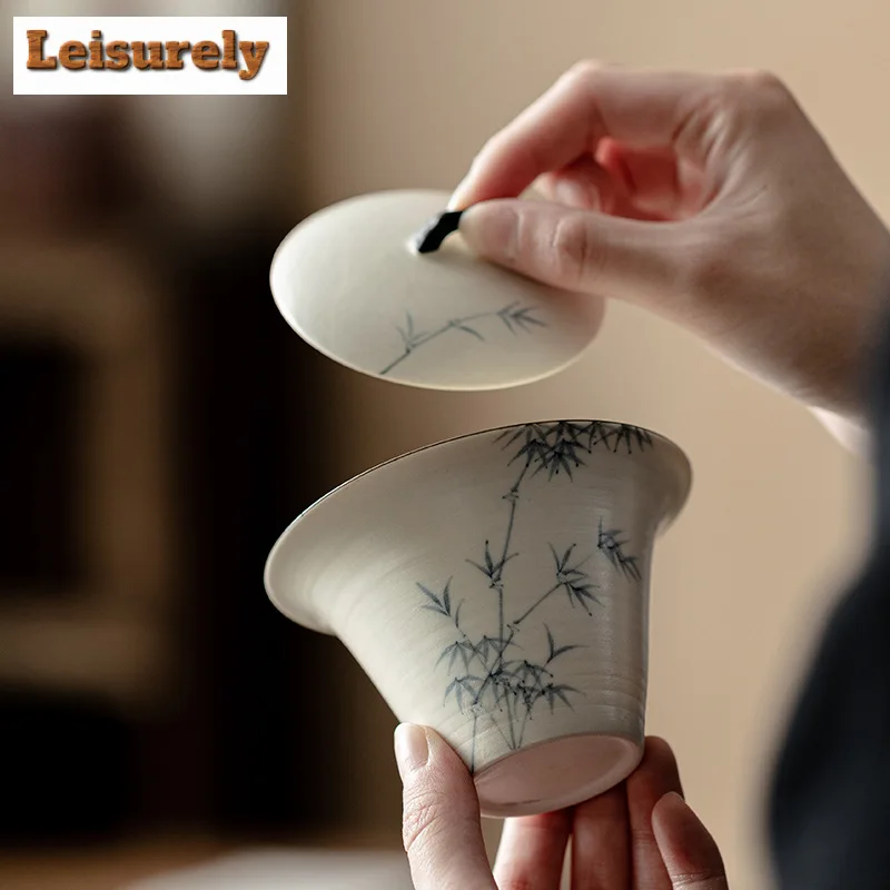 150ml Hand-painted Ink Bamboo Gaiwan Aesthetic Pink Yin White Horseshoe Tea Tureen Tea Maker Cover Bowl Chinese Set Craft