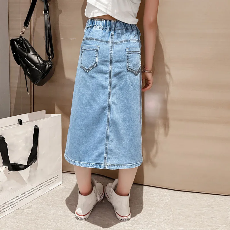 Girls\' Denim Skirt 2022 New Children\'s Skirt Summer Half Split Skirt Big Kids Bomb Street Skirt Children\'s Slim Half Skirt