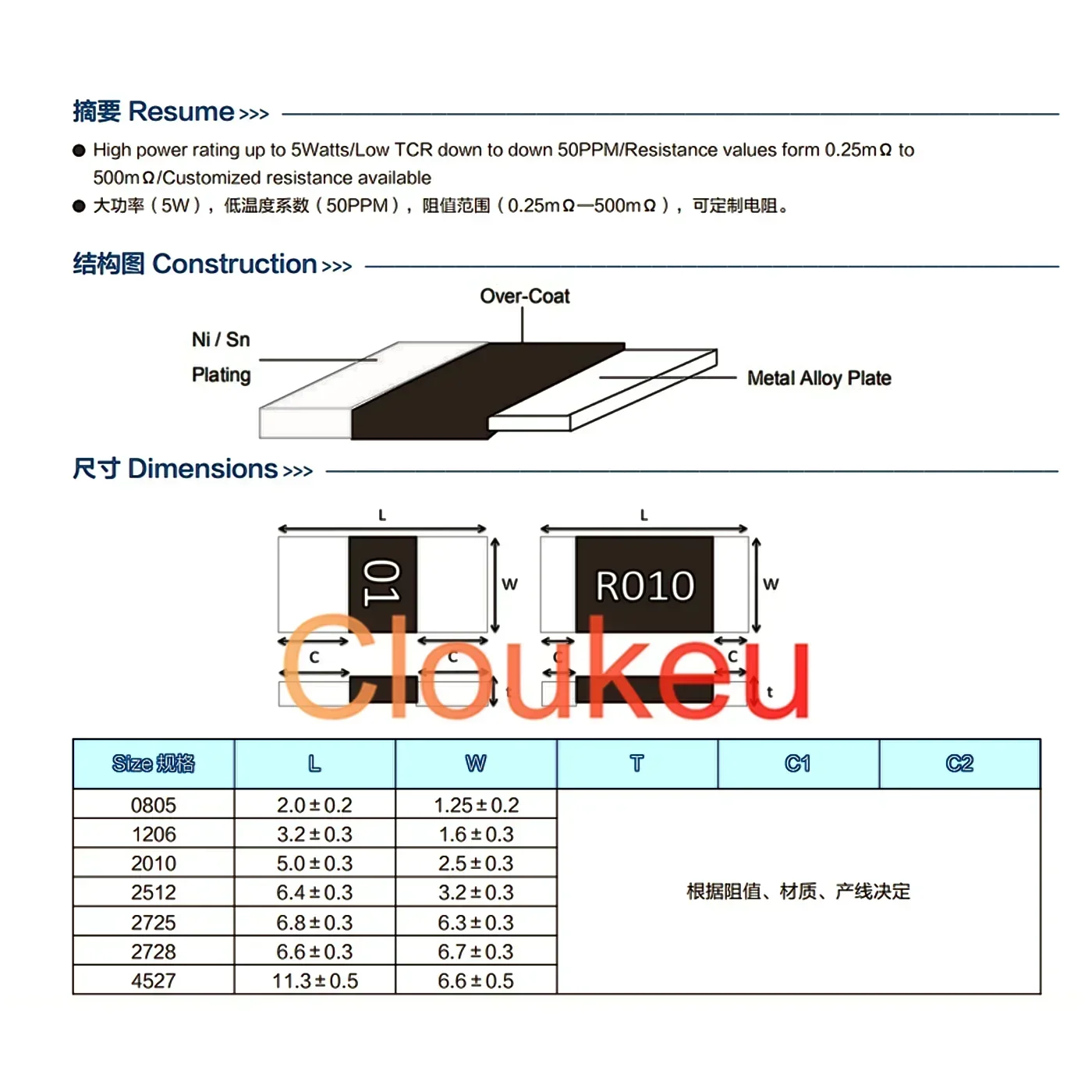 2012 금속 합금 저항기 0805 1/2W 1% 0.002R 0.003R 0.004R 0.005R 0.006R 0.008R 0.009R 0.01R 0.012R 0.013R 0.015R 0.02R 옴