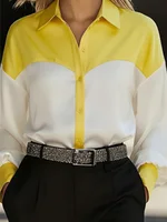Women Shirt Blouse Long Sleeve Turn Down Collar Button Color Block Patchwork Casual Female Office Tops Trendy Work Shirt - Image 5