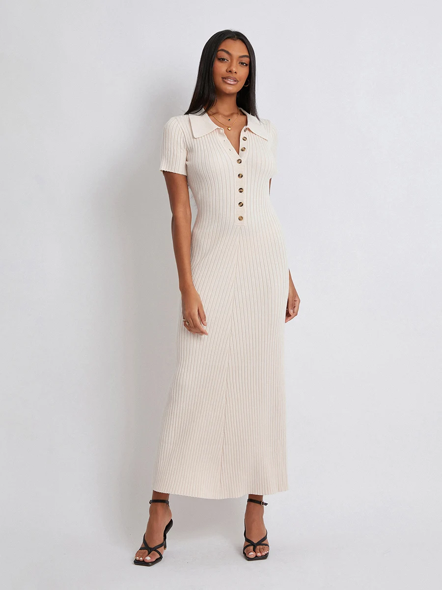 

Women Summer Casual Long Dress Patchwork Turn-Down Collar Short Sleeve Dress Solid Color Buttons Ribbed Knit Dress