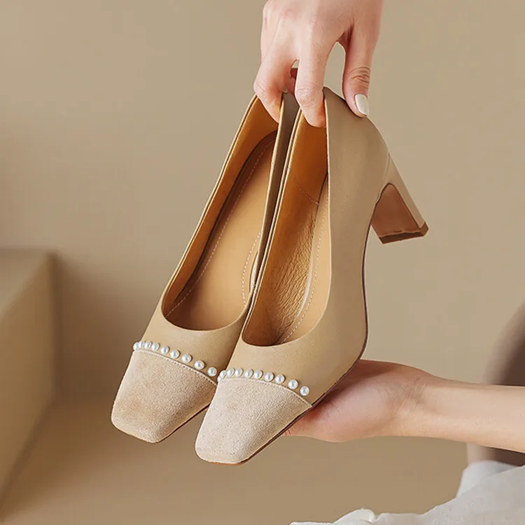 

Chic Fashion Apricot Leather Women Shallow Pumps Square Toe Pearl Decor High Heels Office Lady Working Stilettos Chaussure Femme