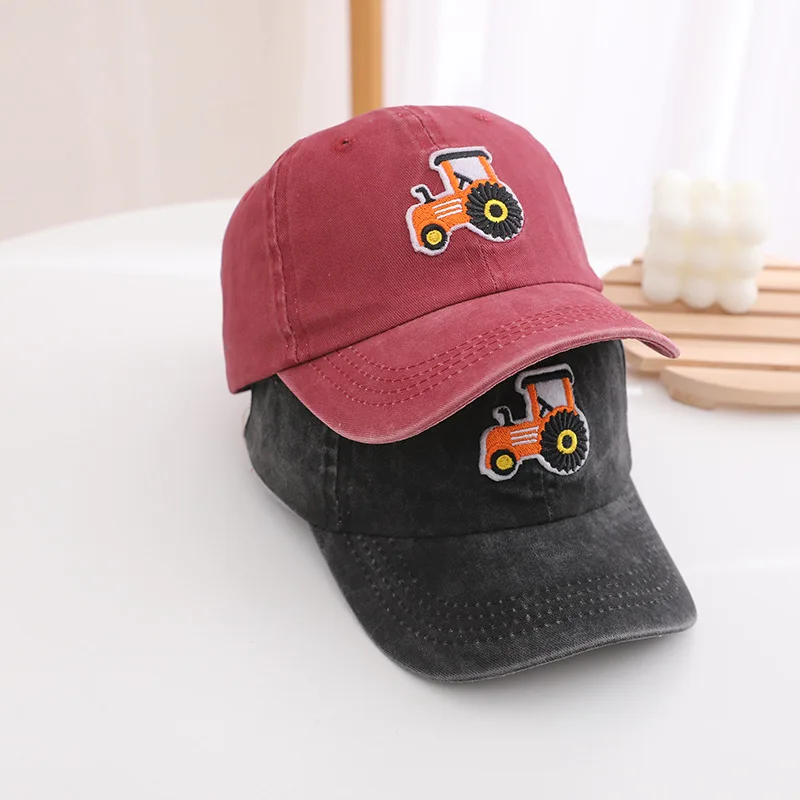 Washed Cotton Baby Baseball Cap Cartoon Tractor Embroidered Kids Snapback Hat Summer Soft Cotton Boys Girls Sun Hats