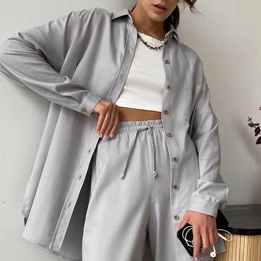 ladies coat pant suit WOTWOY 2022 Spring Casual Shirts and Pants Two-Pieces Set Women High Waist Loose Drawstring Trousers Female Button-up Cozy Shirt designer suits for women Suits & Blazers