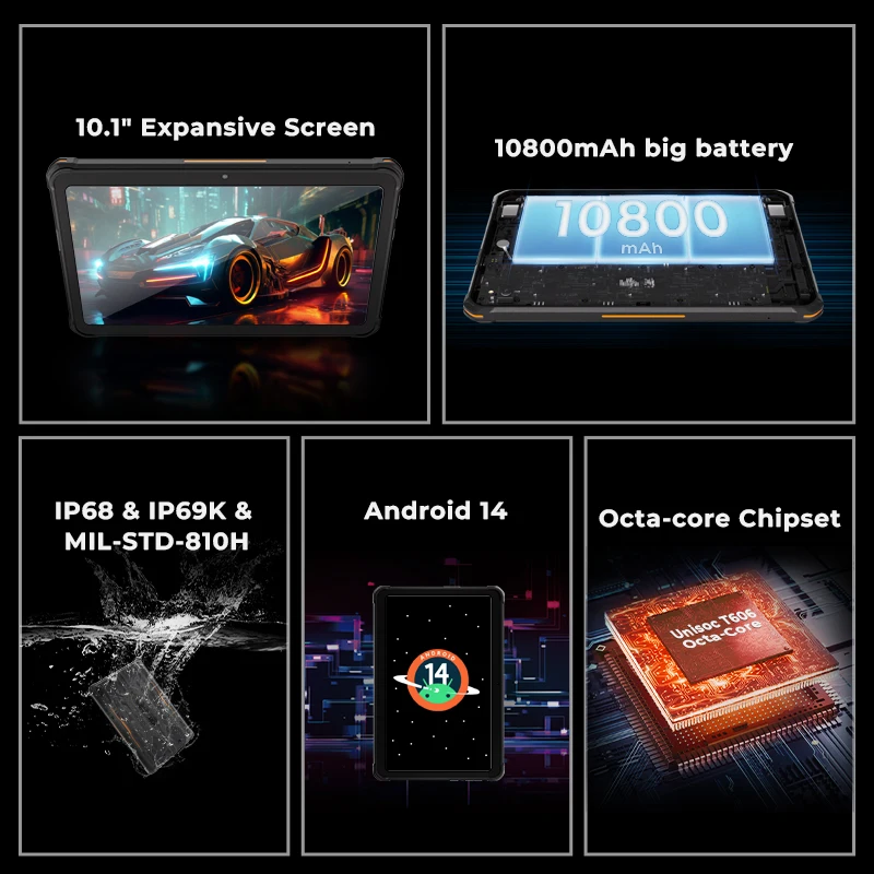 HOTWAV R8 Rugged Tablet 10800mAh Massive Battery Android 14 Pad 10.1'' HD+ Display 4GB 128GB 13MP Camera Global 4G Tablet PC 2