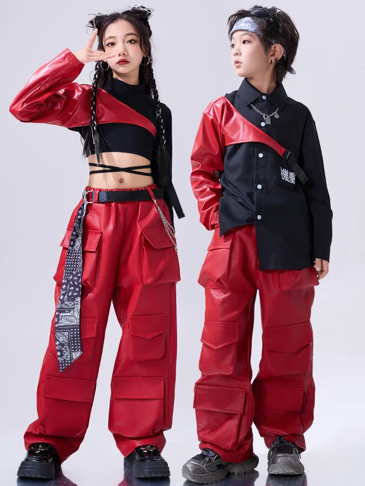 Girls Red Hip Hop Costume Crop Top Red Arm Covers Leather Pants for Boys Kids Jazz Clothes Street Dance Stage Set