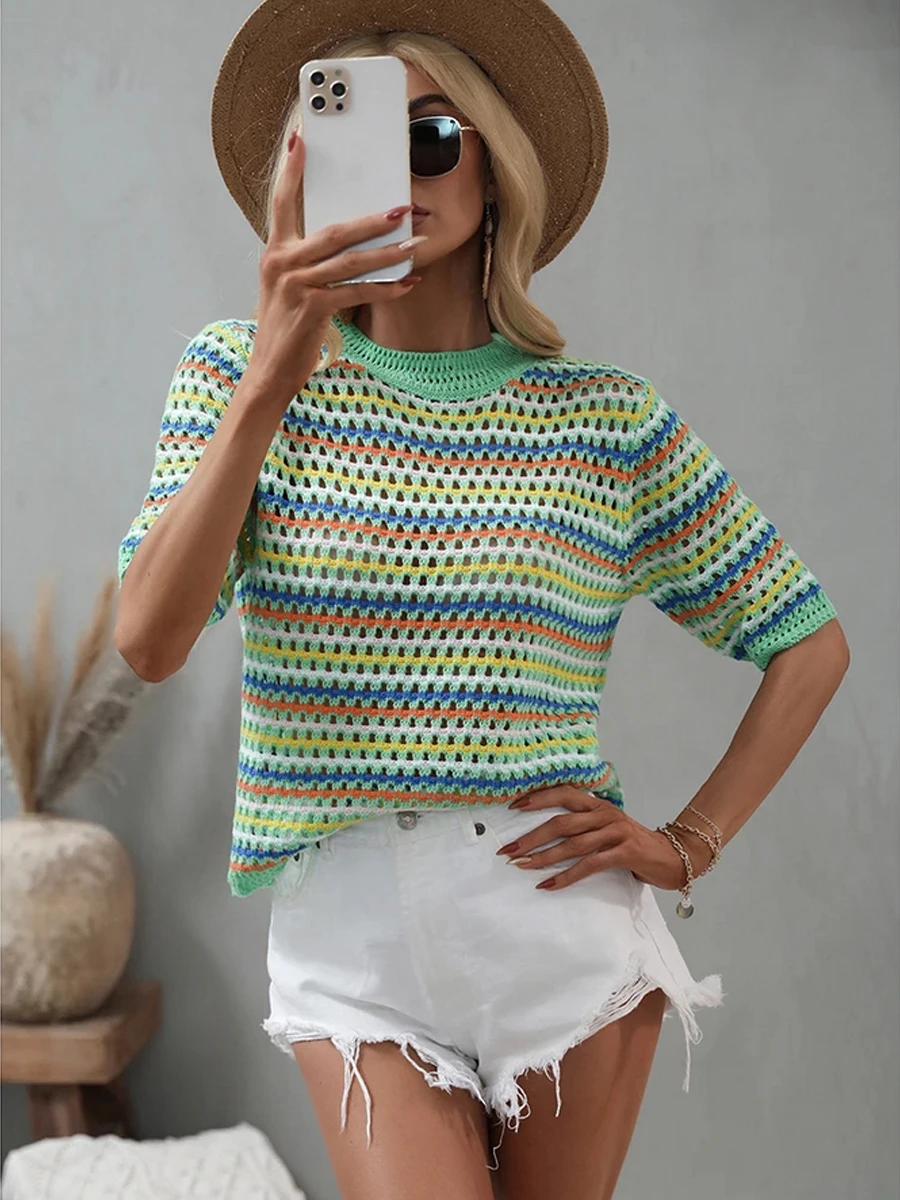 

2024 New Spring Summer Knitted Blouses For Women Hollow Out Sexy Streetwear O Neck Womens Tops And Blouses Half Sleeve