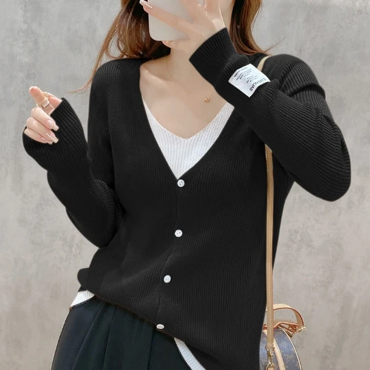 

False Two Black Long Sleeve Loose Tops Slim Woman Pullover Knitted Sweater Jumper Spring Top Cloth Clothes for Women Girl Lady