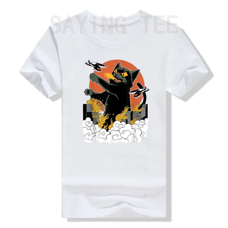 Schwarzes japanisches Catzilla-Sonnenuntergangs-T-Shirt – eine riesige Katze Attacks City, lustige Kitty-Grafik-T-Shirts, kurzärmeliges Anime-Comics-Cartoon-Top – Detail 7