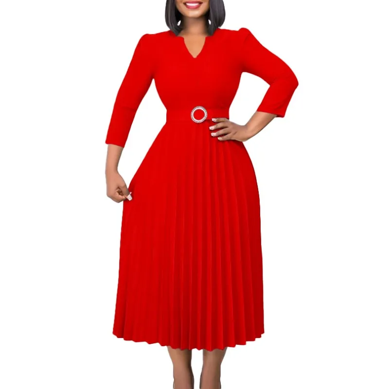 

2023 Summer Elegant Africa Office Ladies V-neck 3/4 Sleeve Pleated Dress Evening Party Robe with Belt African Dresses for Women