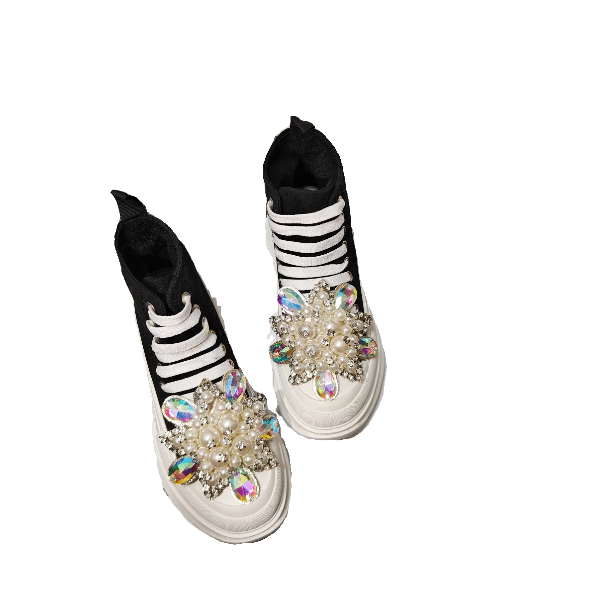 

Shell Head Handmade Water Diamond Pearl Thick Bottom Lace Up Canvas Small White Shoes