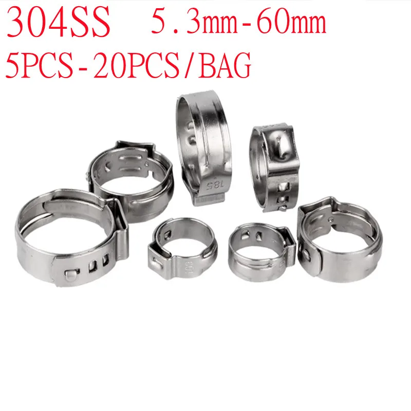 Single Ear Hose Clamps 5pcs-20pcs In bags 5.8-23.5mm 304 Stainless Steel Ear Stepless Pipe Cinch Clamps Rings