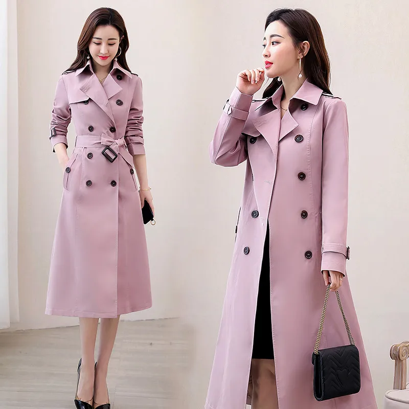 

Autumn Winter Women Double Breasted Trench Coats Long With Belt Casual Windbreaker Waterproof Raincoat Business Outerwear R769