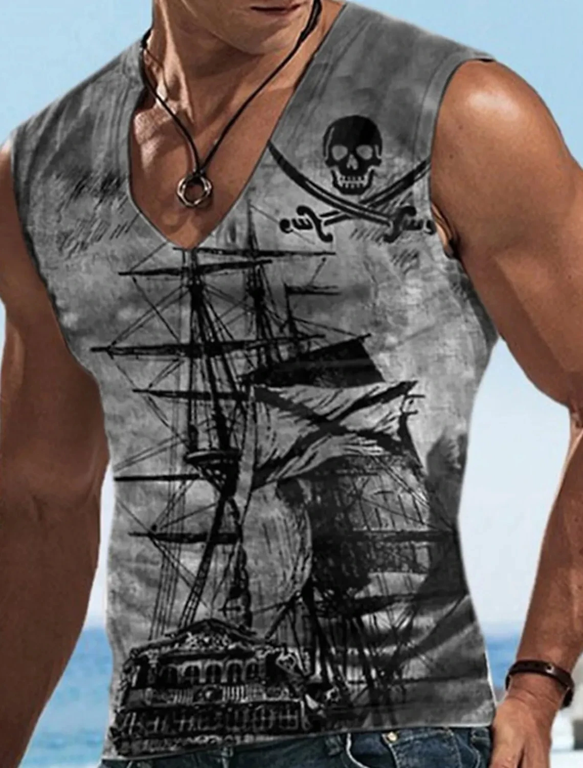 Men\'s Bottom Shirt Pattern Boat Rudder V-Neck 3D Outdoor Street Sleeveless Printed Clothing Athletic Casual Big & Tall Tank Top
