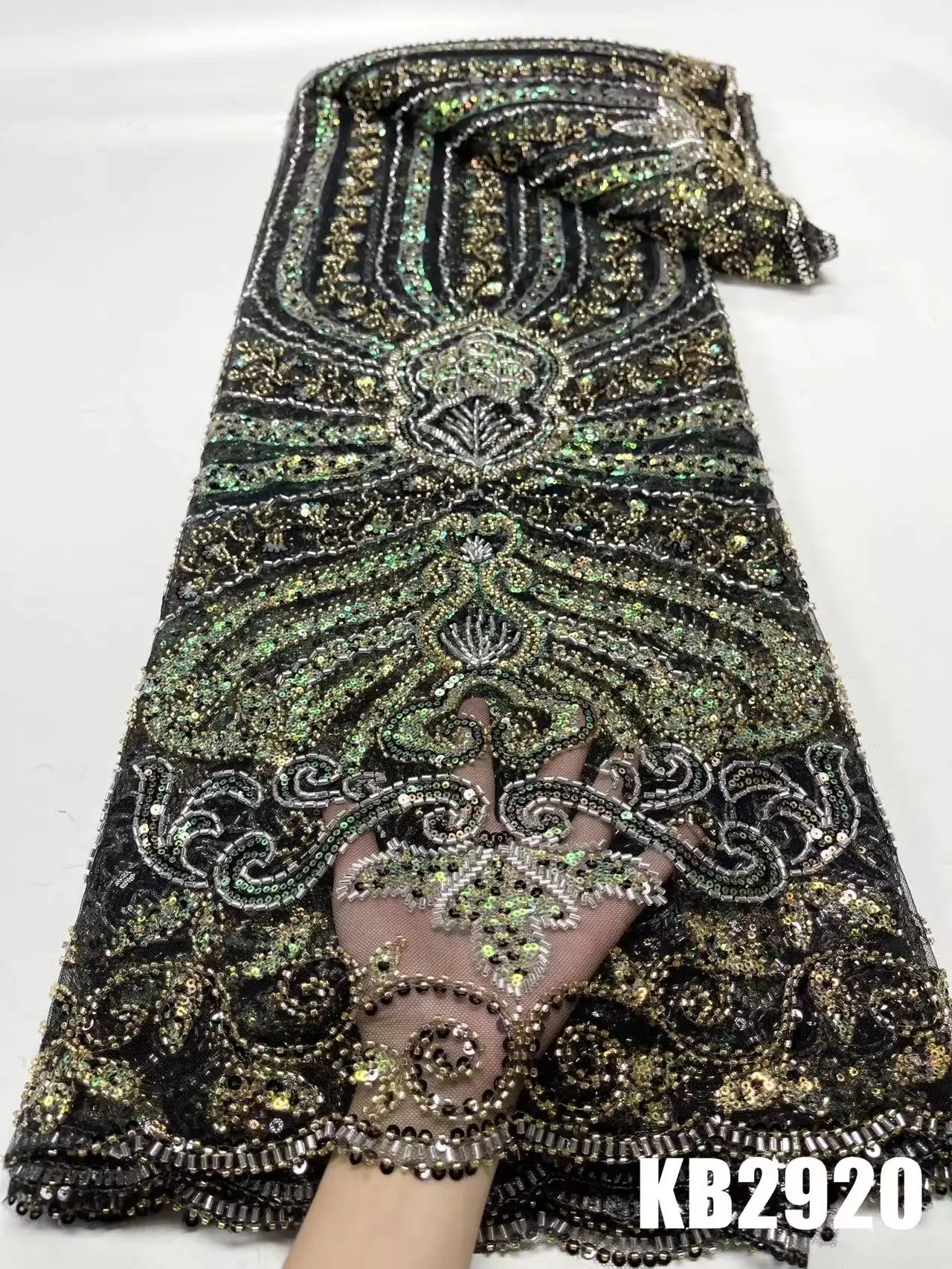 

Luxury Black Beaded Lace Fabric Garment Fabrics Nigerian Lace Fabric 2023 High Quality Lace Green Sequin Lace For Wedding Sewing