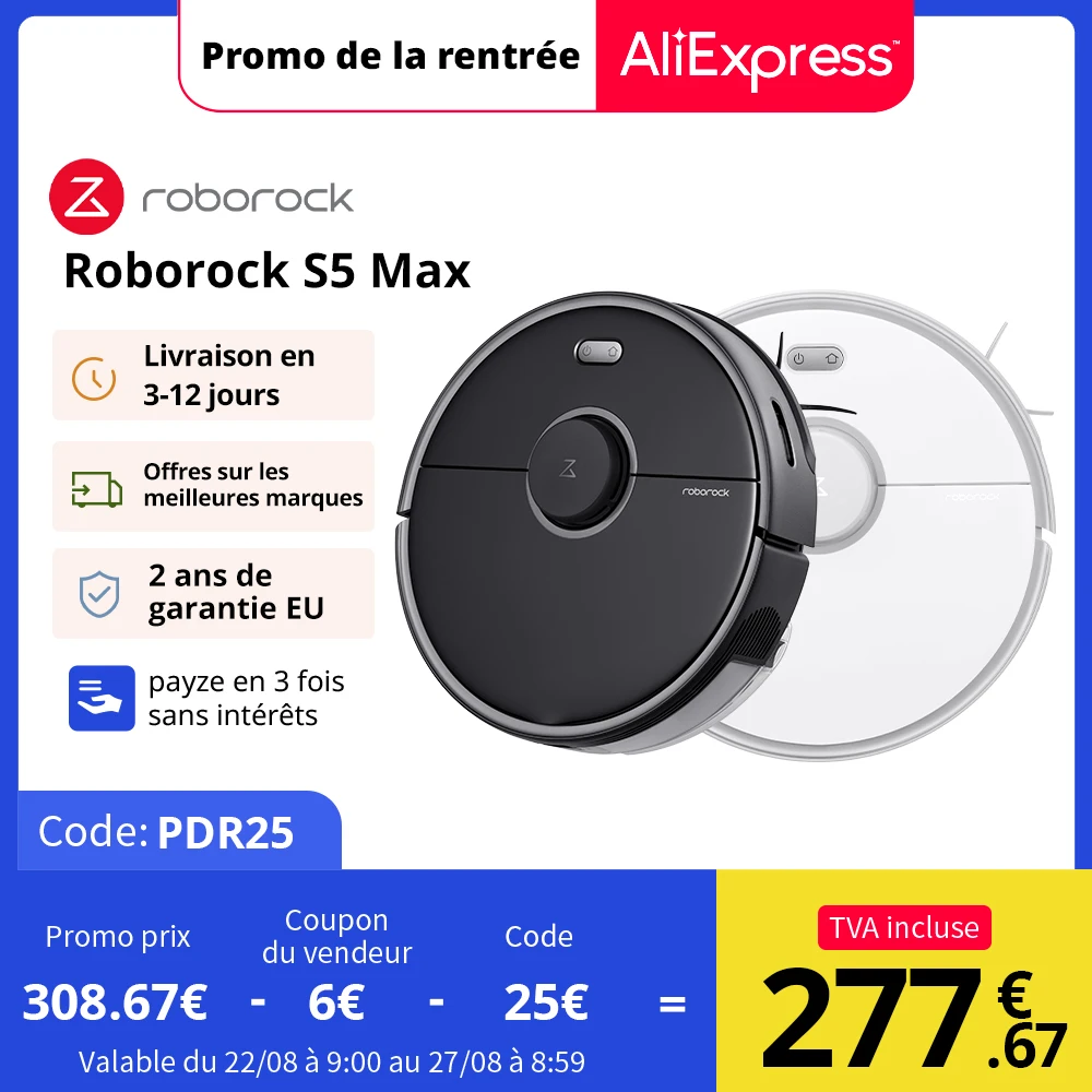 Roborock Aspirateur Robot S5 Max, Balayage Automatique De La Poussière, Vadrouille De Lavage