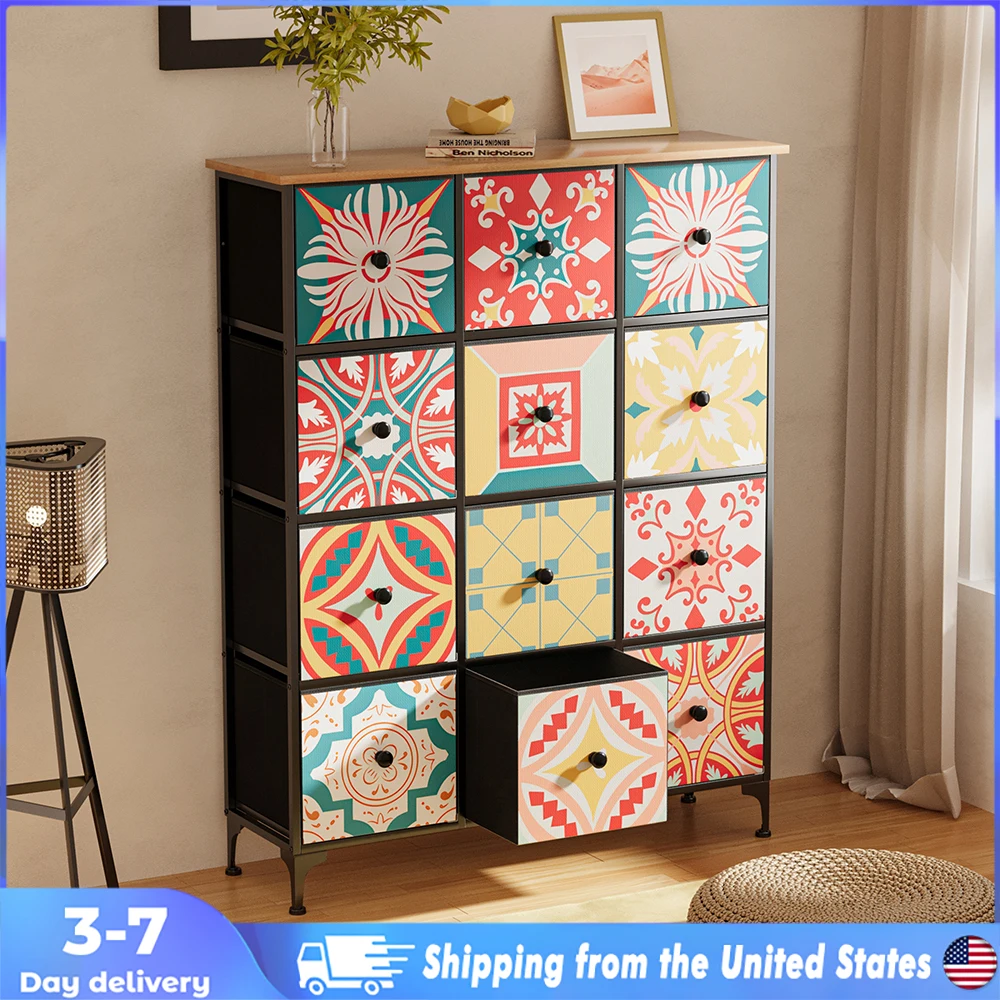 

Chest Of 12 Drawers Clothes Closet Non-woven Fabric Pattern Wardrobe Storage Cabinet For Living Room Colorful Lockers Cupboard