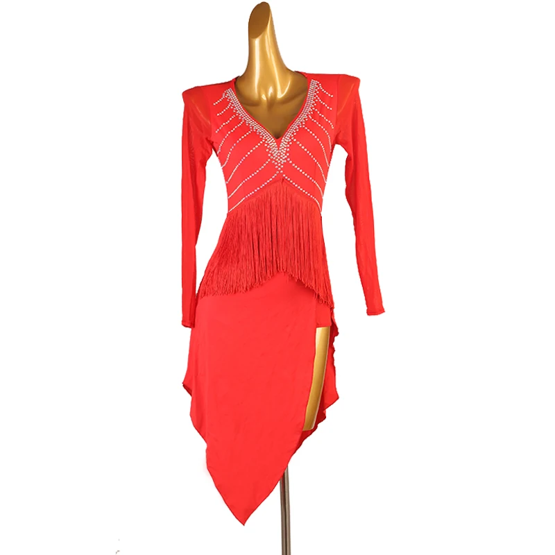 

New Latin Dance Clothing Red/Green Long Sleeve Rhinestone Fringe Irregular Skirt Modern Ballroom Dance Competition Dress DQL8046