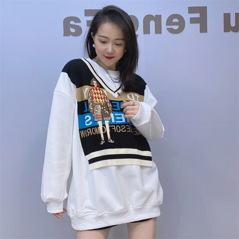 

Women Streetwear Round Neck Long Sleeve Sweater Knitted Stitching Thickened Mid Length Round Neck Sweater For Women