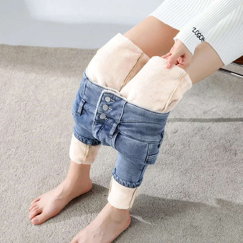 New Fleece High Waist Jeans for Women Classic Black Stretch Thickened Warm Slim Plush Velvet Pencil Denim Trousers Winter