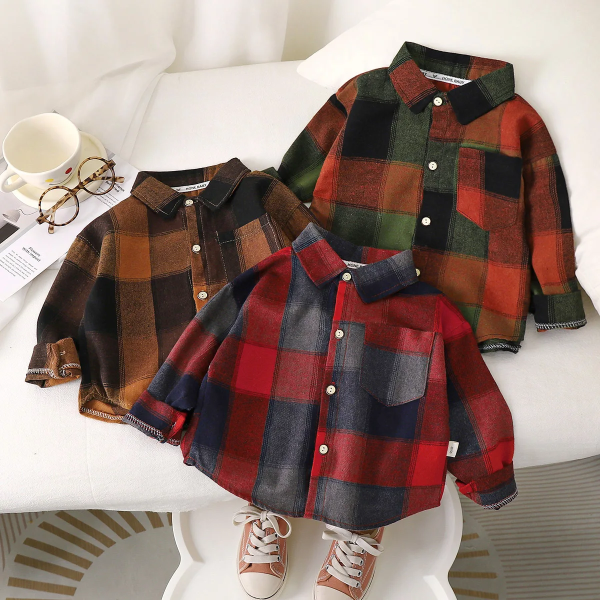 Baby Boy Cotton Thick Stuff Shirt For Pre Winter Star Boxes Style In Brown main image 0