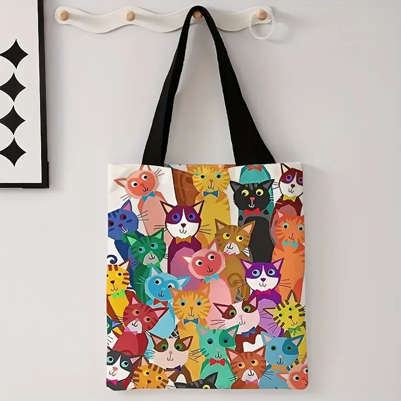 Lässige Handtasche mit buntem Kätzchenmuster, wiederverwendbarer modischer Rucksack, multifunktionale Handtasche, Einkaufstasche aus Segeltuch – Detail 1