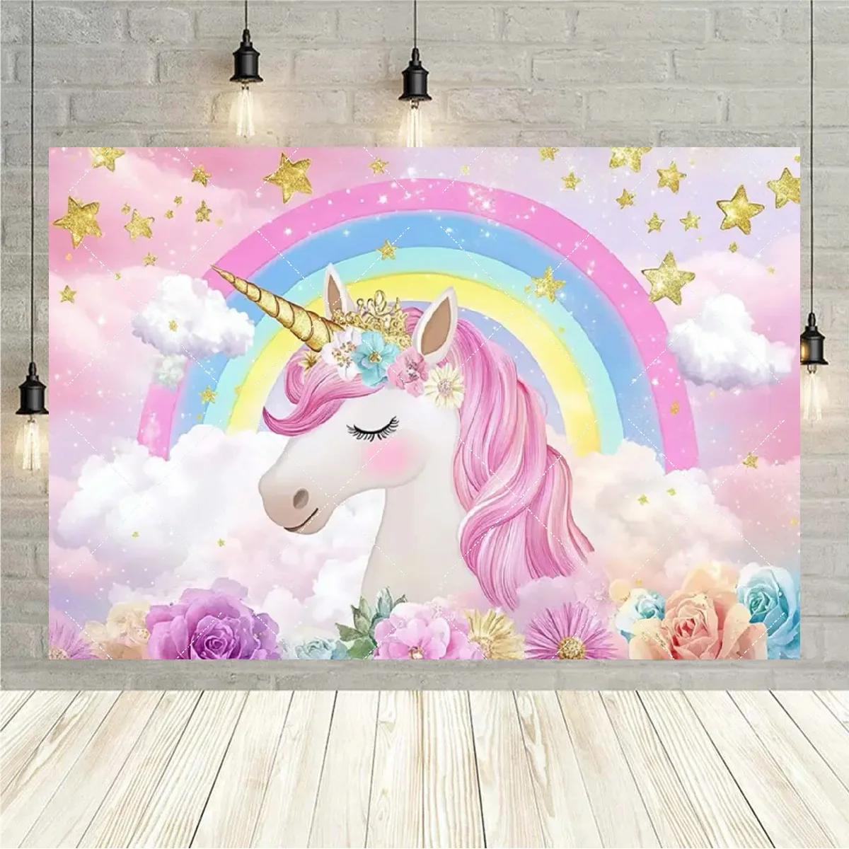 Einhorn Thema Hintergrund Elf Prinzessin Regenbogen Geburtstag Party Liefert Kuchen Tisch Dekor Baby Party Geschenke Fotos Requisiten Hintergrund – Detail 9