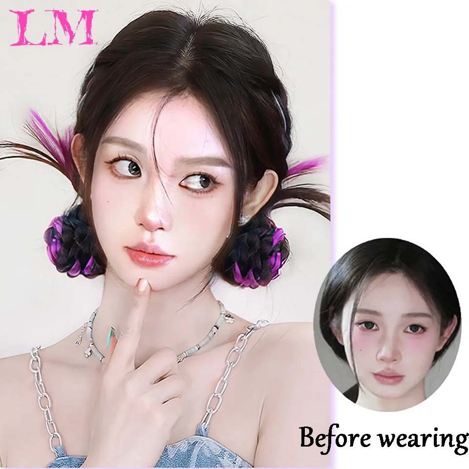 LM 블랙 퍼플 하이라이트 깃털 브레이드 번 클로 클립 합성 가짜 헤어 시뇽 헤어피스 Y2K 소녀들을 위한 데일리 스타일링