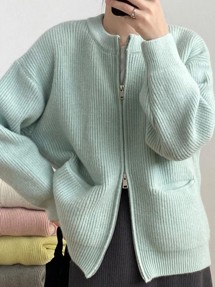 

Harajuku Solid Simple Vintage Tops Women Spring Autumn Dual Zippers All Match Jacket Loose Y2k Aesthetic Pocket Knitted Cardigan