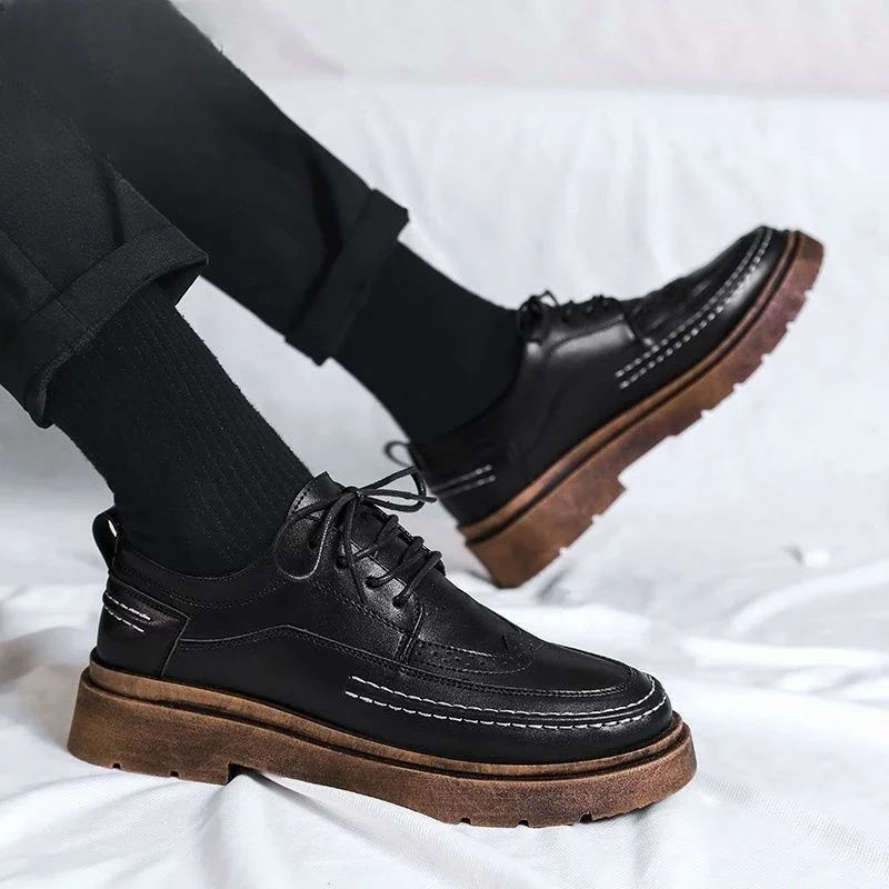 Man Casual Shoe Round Toe Leather Shoes For Men Brogue Luxury Sale Adults Fashion Elegant Cheap Clearance Korean Style Pu