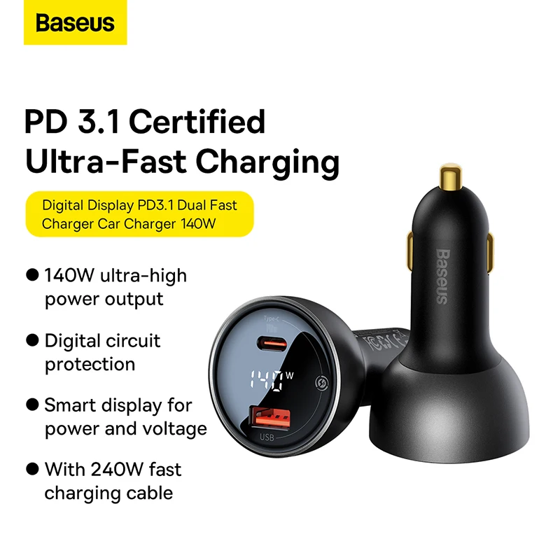 

BASEUS 140W PD 3.1 Car Charger Fast Charging QC 3.0 Quick Charge For MacBook Pro USB Type C Car Phone Charger For iPhone Samsung