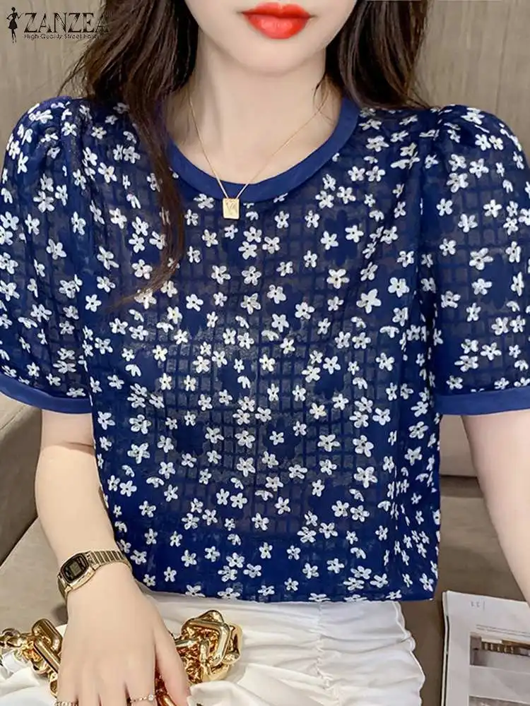 

Модная Праздничная рубашка ZANZEA, женская летняя кружевная блузка с коротким рукавом, богемные топы с принтом, туника, женские элегантные рабочие блузы