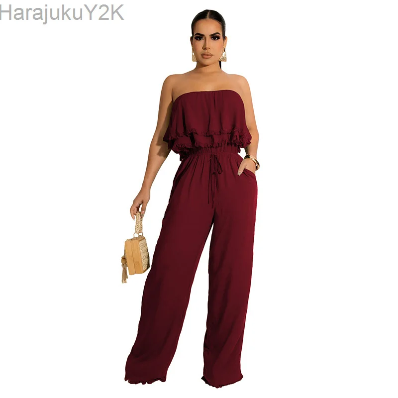 2022 European And American Women's Solid Color Sleeveless Sexy Wrap Chest Ruffles Casual Fashion Elegant Jumpsuit Women