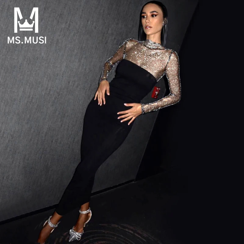 

MSMUSI 2023 New Fashion Women Sexy O Neck Lace Mesh Sequins Hollow Out Backless Bandage Party Club Bodycon Event Maxi Dress Gown