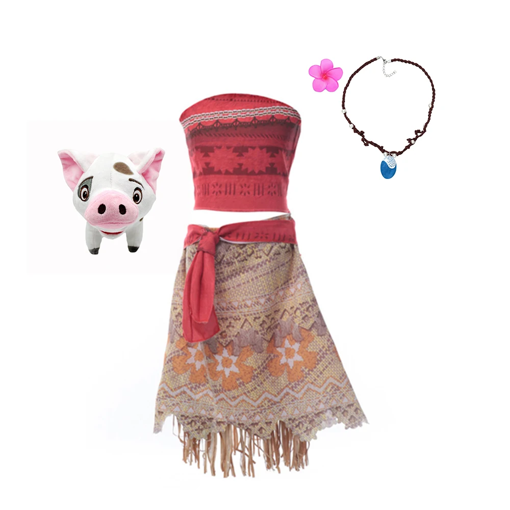 thumbnail image 1 of Disfraz de Moana de Disney para niña, vestido de princesa Vaiana para fiesta de cumpleaños, Vestidos con cerdo, muñeca de pollo, disfraz de Halloween, 1 of 5